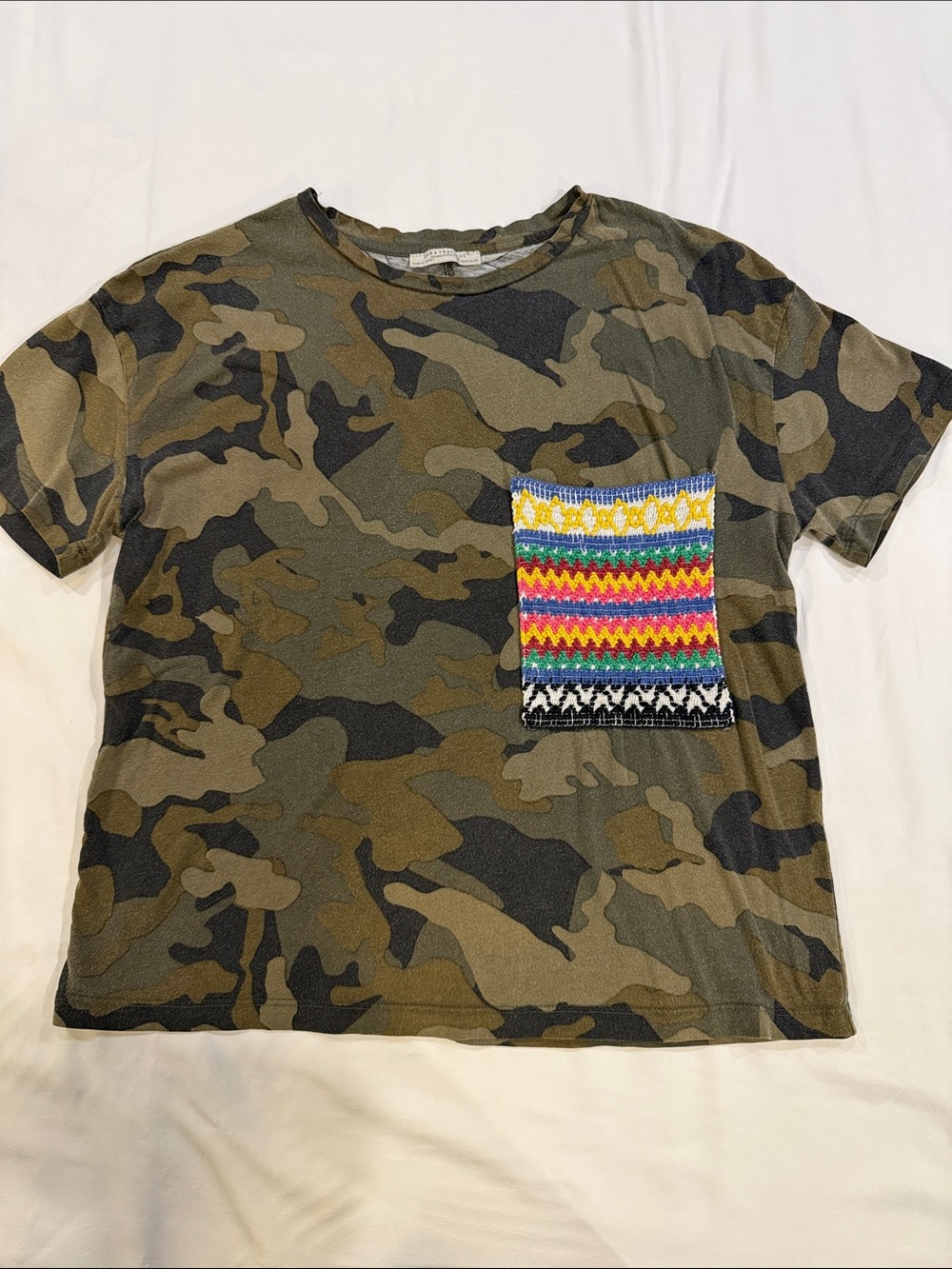 Zara Camo Short Sleeve Tee with Multicolor Knit Pocket